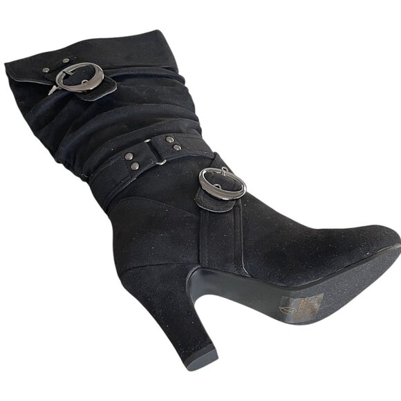 Metallic Studs Edgy Dual Buckles Slouch Knee High Suede Boot w/Silver Hardware - Picture 7 of 8
